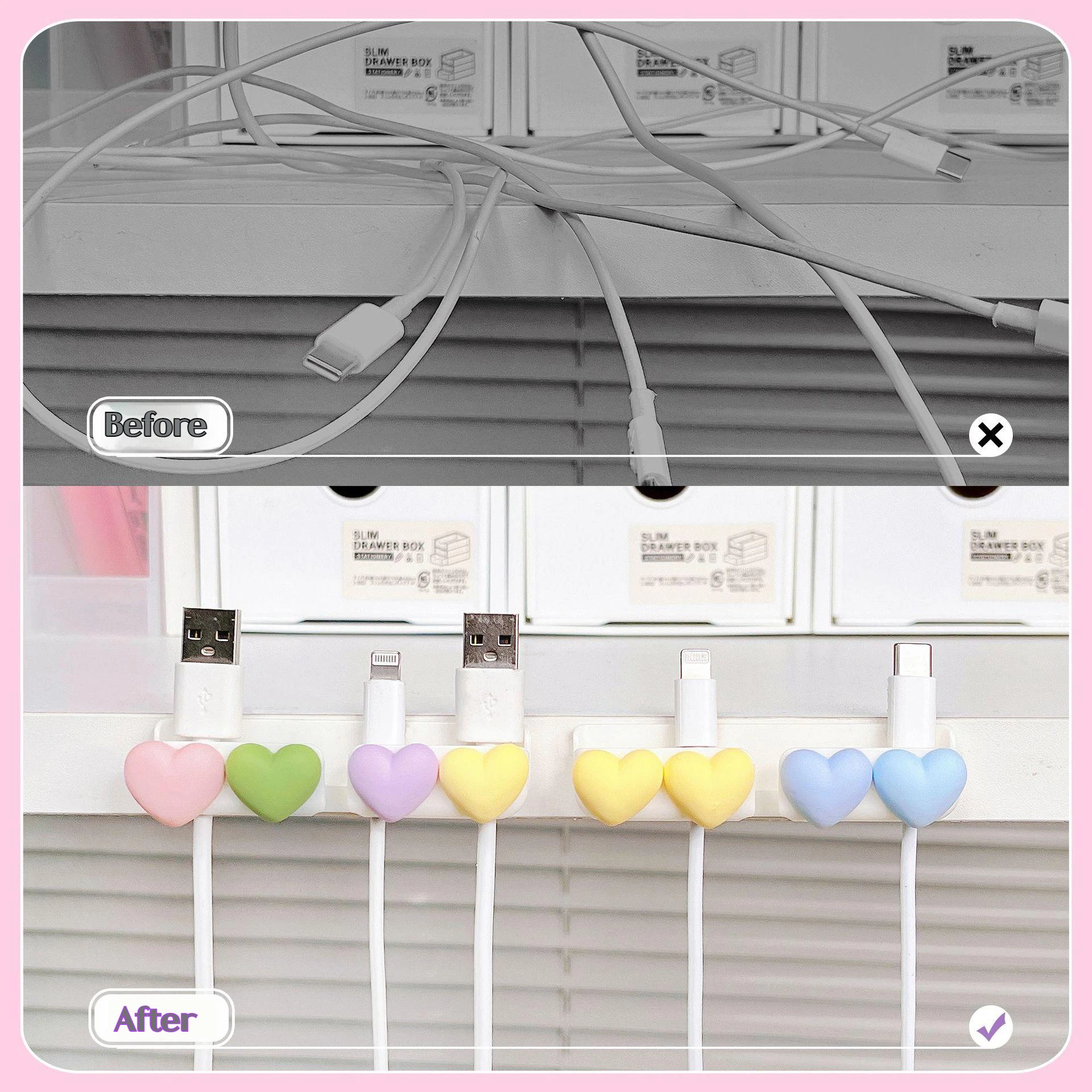 3d Heart Desktop Cable Organizer Data Cable Retainer Perforation-free Home Self-adhesive Mobile Phone Charging Cable Fixing Clip