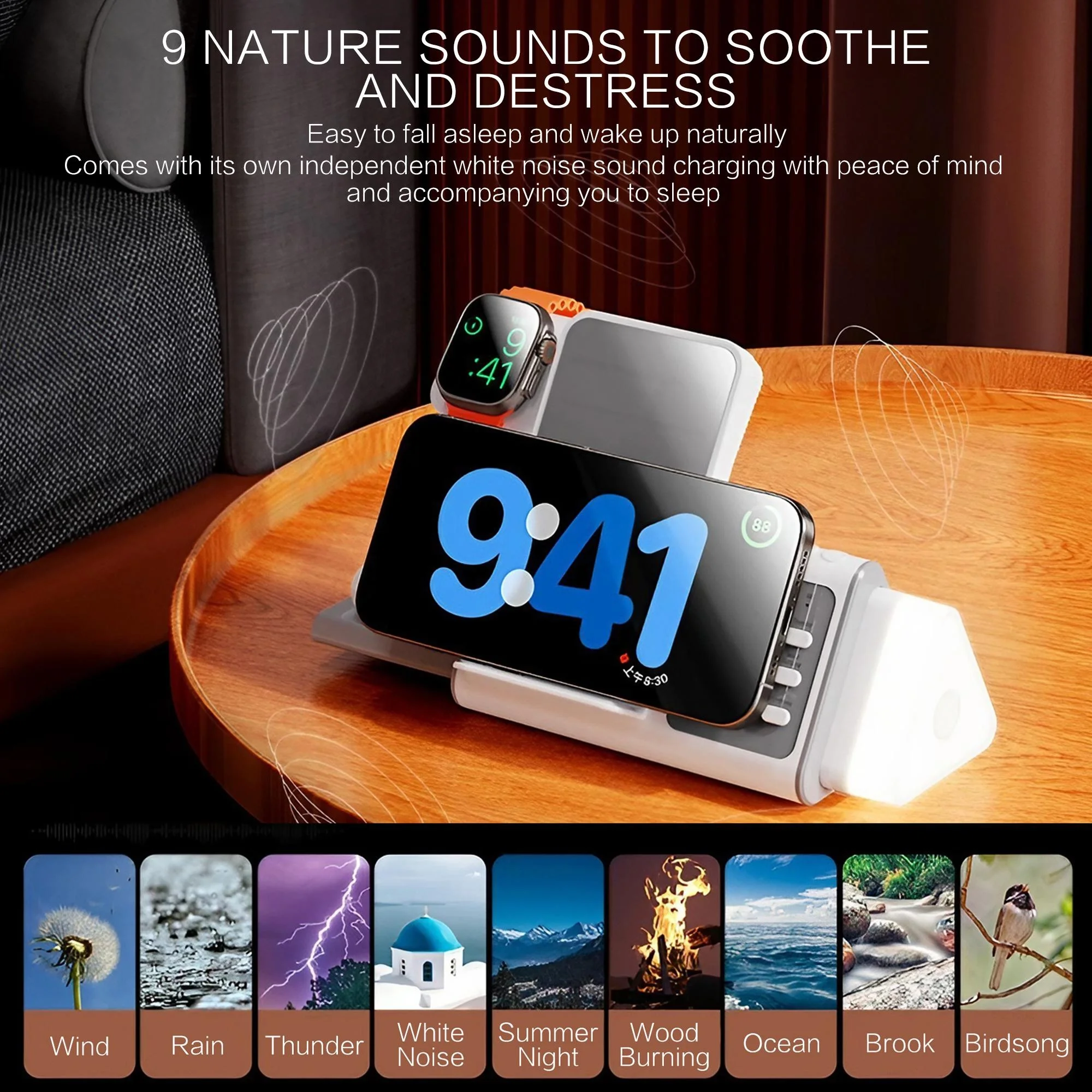 حامل شاحن لاسلكي 3 في 1 مع ضوء ليلي أبيض اللون شحن سريع لسماعات Apple Watch AirPods