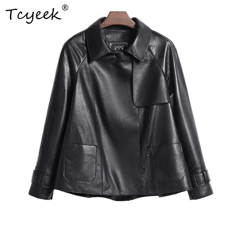 Tcyeek Sheepskin Genuine Leather Jacket Plus Size Spring Autumn Lapel Shoulder Length Long Sleeved Leather Jacket Chaqueta Cuero