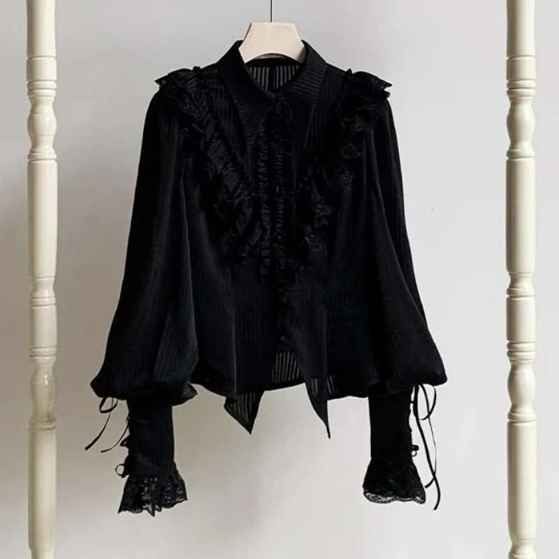 Vintage Blouse Women Y2K Aesthetic Lolita Kawaii Retro Slim Fit Fashion Tops Lace Trim Sweet Ruffle Elegant Casual Ladies Shirts