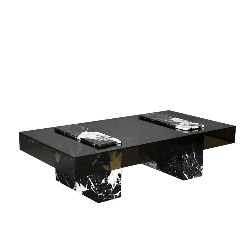Modern style luxury living room furniture violin black marble stretchable coffee table tempered glass exclusive