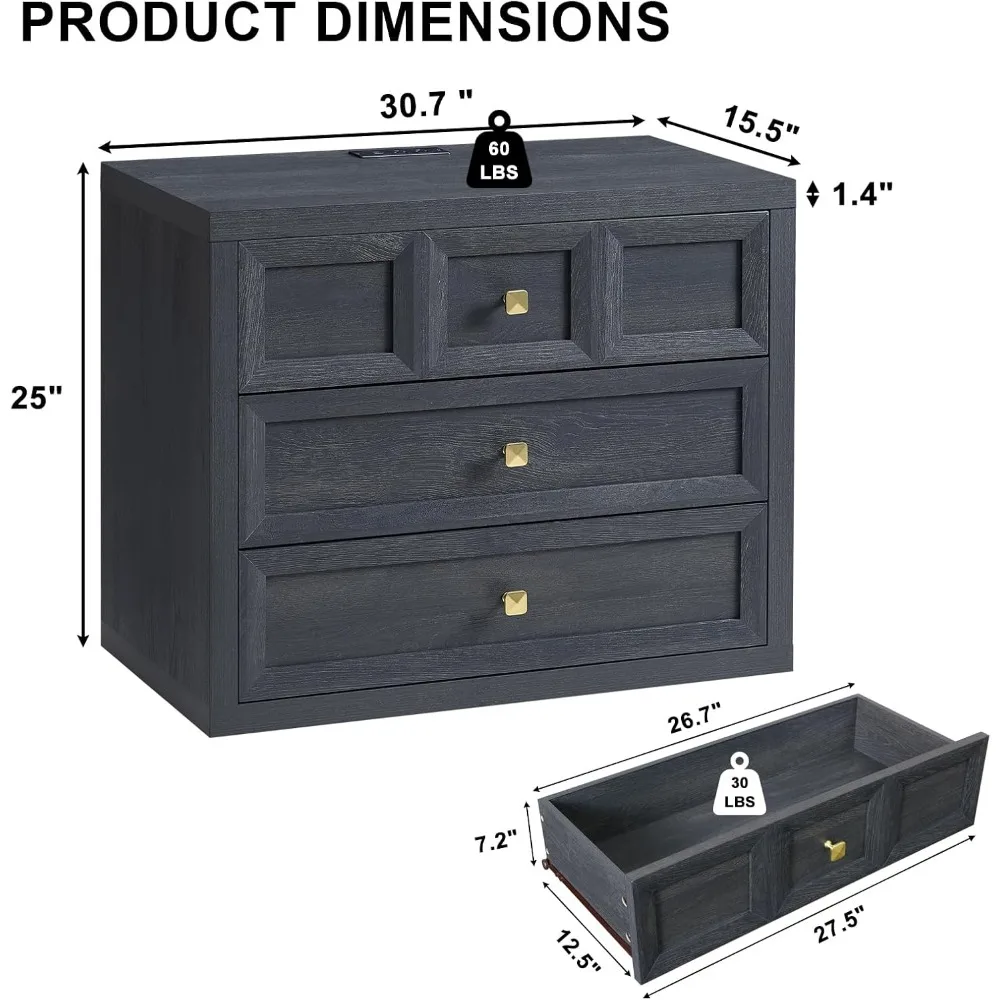 مجموعة منضدة محطة شحن مكونة من 2، طاولات ليلية حديثة 30.7 مع 3 أدراج، طاولات جانبية كبيرة للسرير بحجم كينج