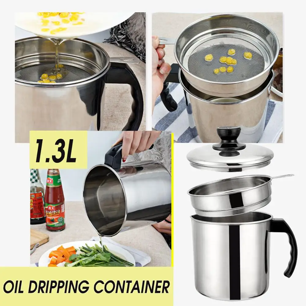 

1.3L Oil Pot Kitchen Lid Filter Container Steel Bottle Cooking Grease Tools