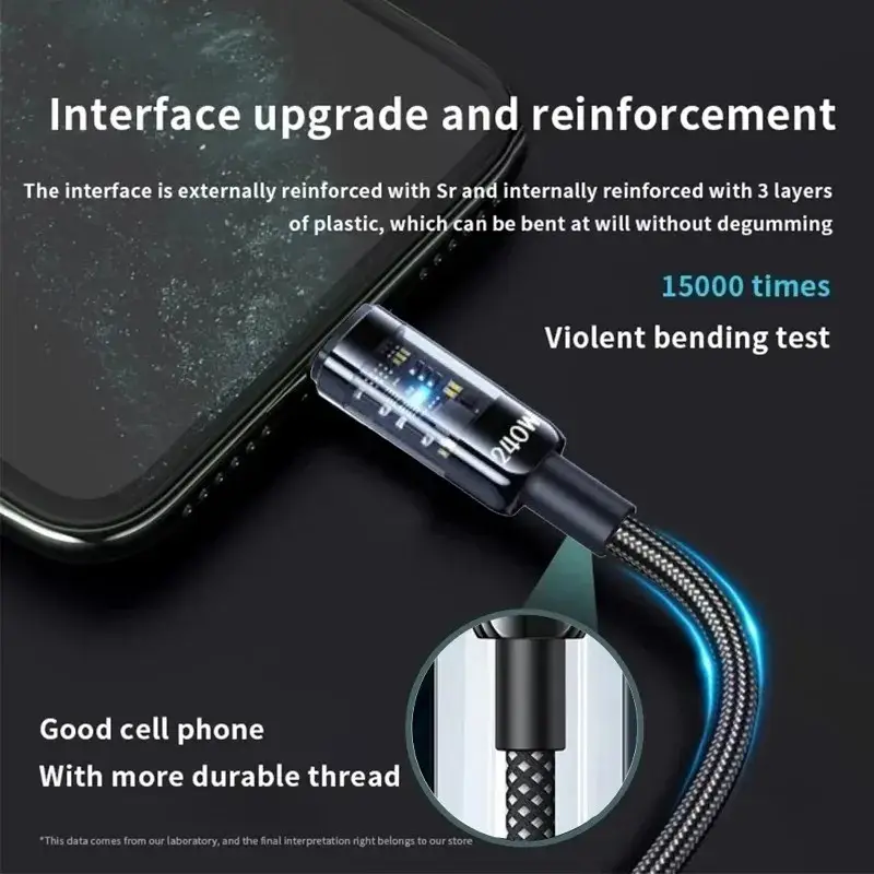 240W Nylon USB C PD Super Fast Charging Data Cable with LED Digital Display USB To Type C Quick Charge Data Cords 0.25/1/1.5/2M - 2
