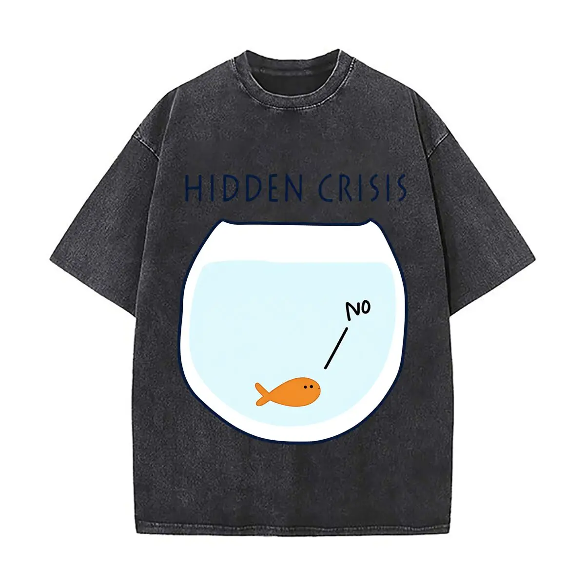 Hidden Crisis No Goldfish Bowl Funny Fish Graphic Distressed Faded Baggy Streetwear Tops for Park Hangouts