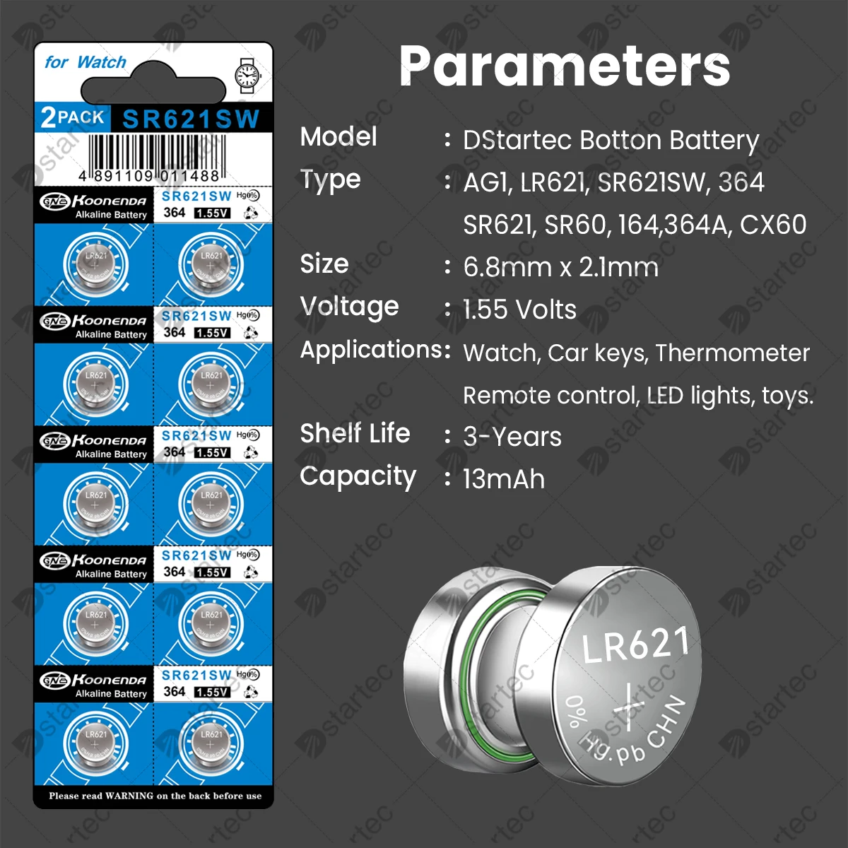 Koonenda LR621 AG1 1.55V Alkaline Button Battery, SR621SW 364 164 SR60 363 621 SR621 L621 CX60 Coin Cell for Watch Clock Remote