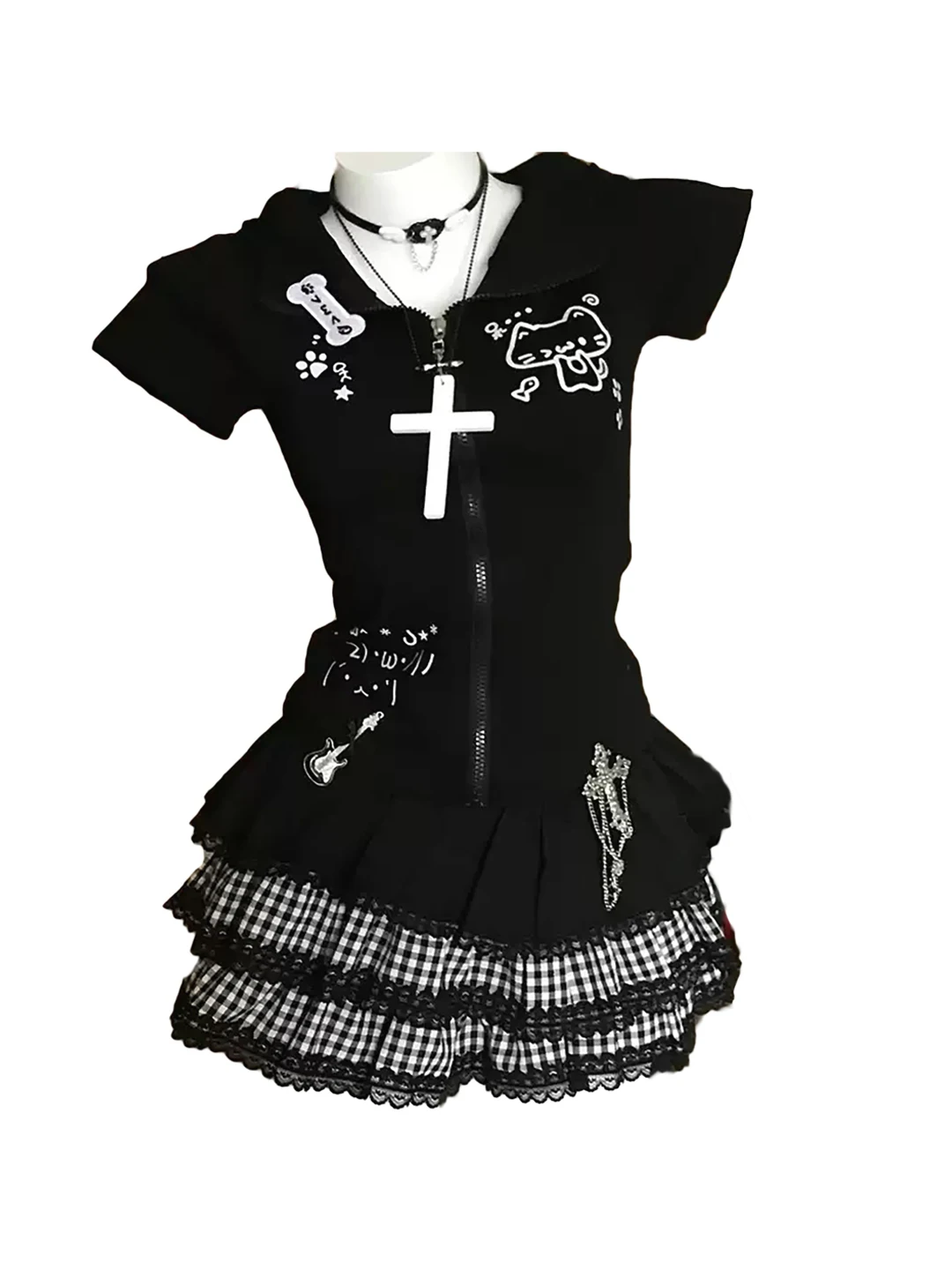 Conjunto de Moda Y2K com Estampa de Gato Adorável, Cardigan Slim Fit de Manga Curta e Saia de Bolo, Conjunto de Duas Peças pa...