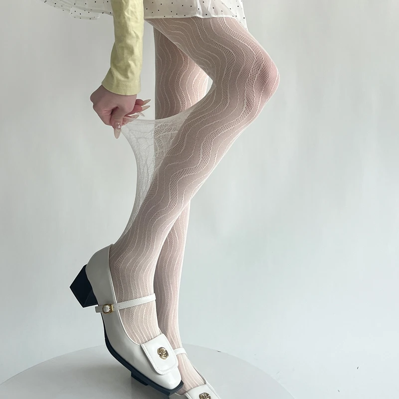 Women's Tights Elegant Sexy Wave Bottoming Stockings Ladies Hollow Out Lace Pantyhose Breathable Sheer Female Long Stockings