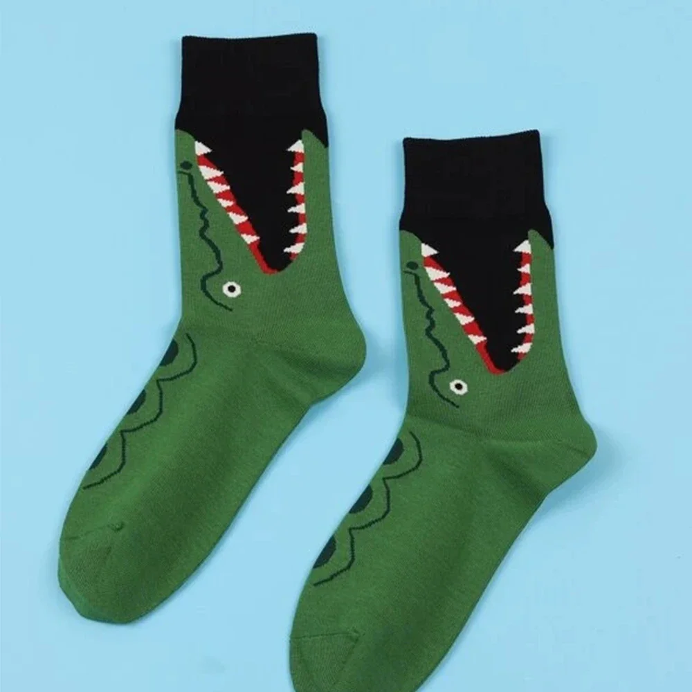 

1 Pair Medium Length Socks Men Hippie Cartoon Shark Print Fun Retro Street Clothing Harajuku Hip-hop Female Autumn Women's Socks