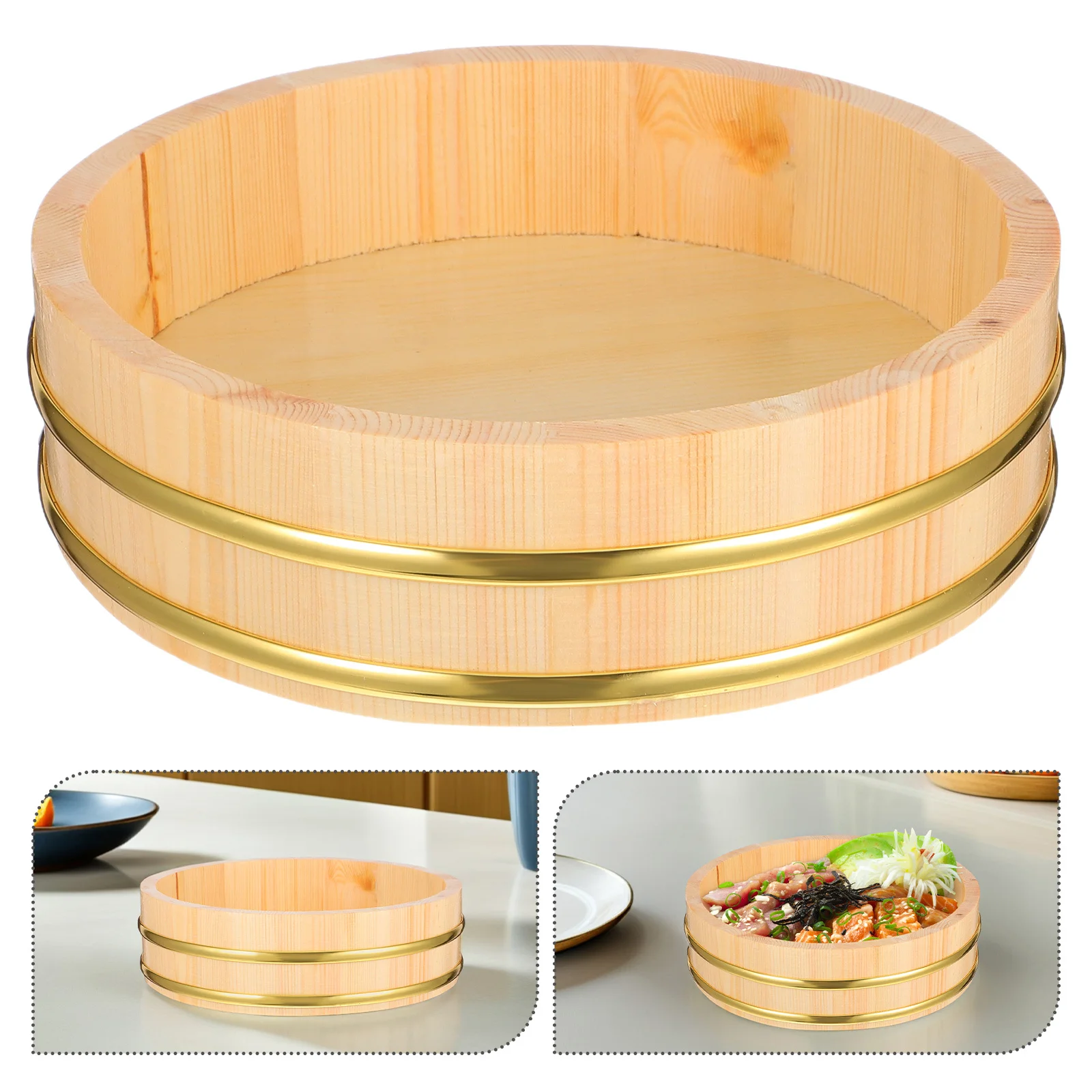 

1pc Sushi Rice Bucket Wooden Food Serving Container For Mixing Bibimbap Sushi Restaurant Use Large Capacity Kitchen Gadget