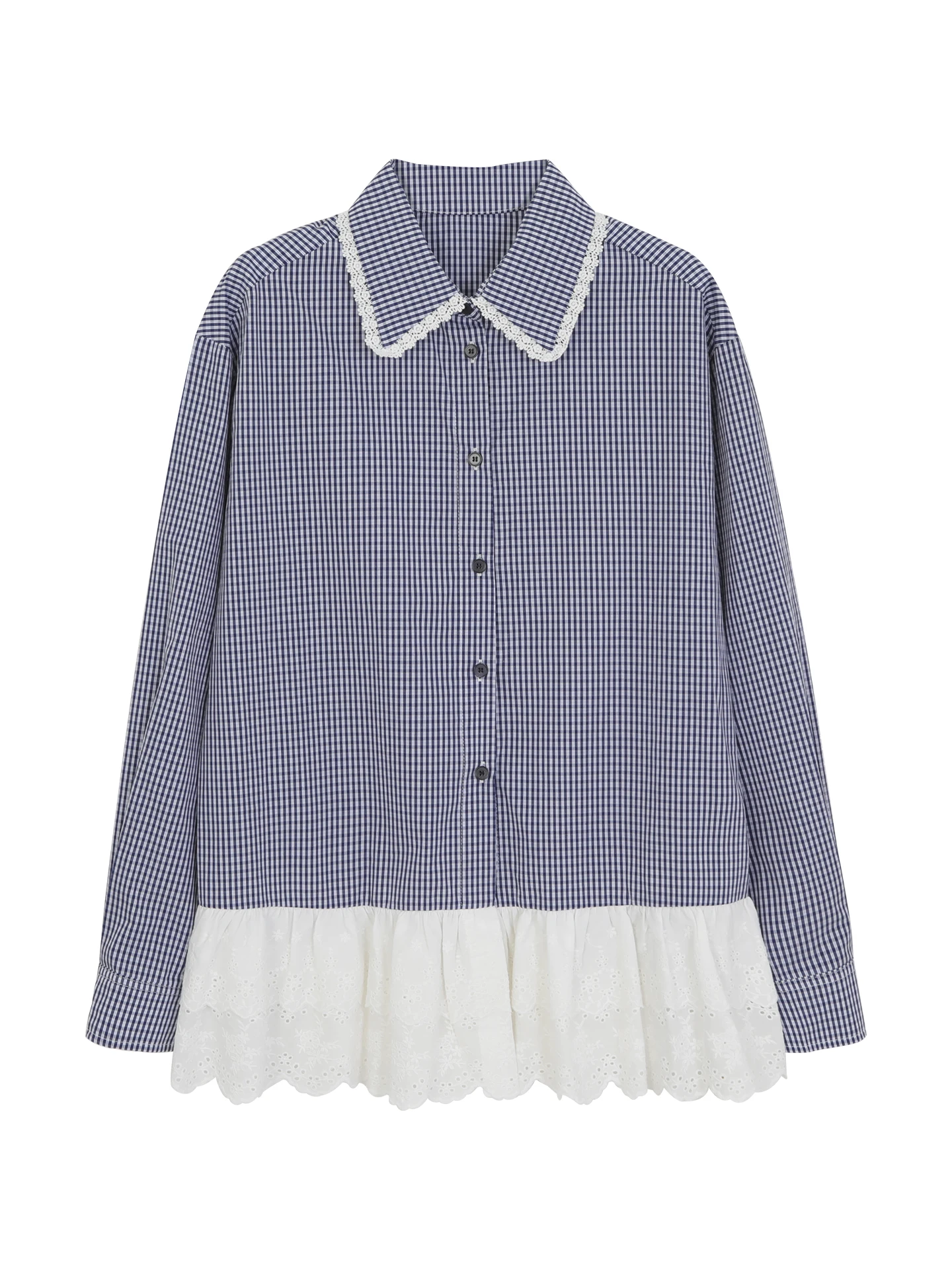 

Синий кружевной свободный женский топ irt ранней осени Faion Cheered, повседневный хлопковый длинный воротник-свеч на пуговицах, офисный сле