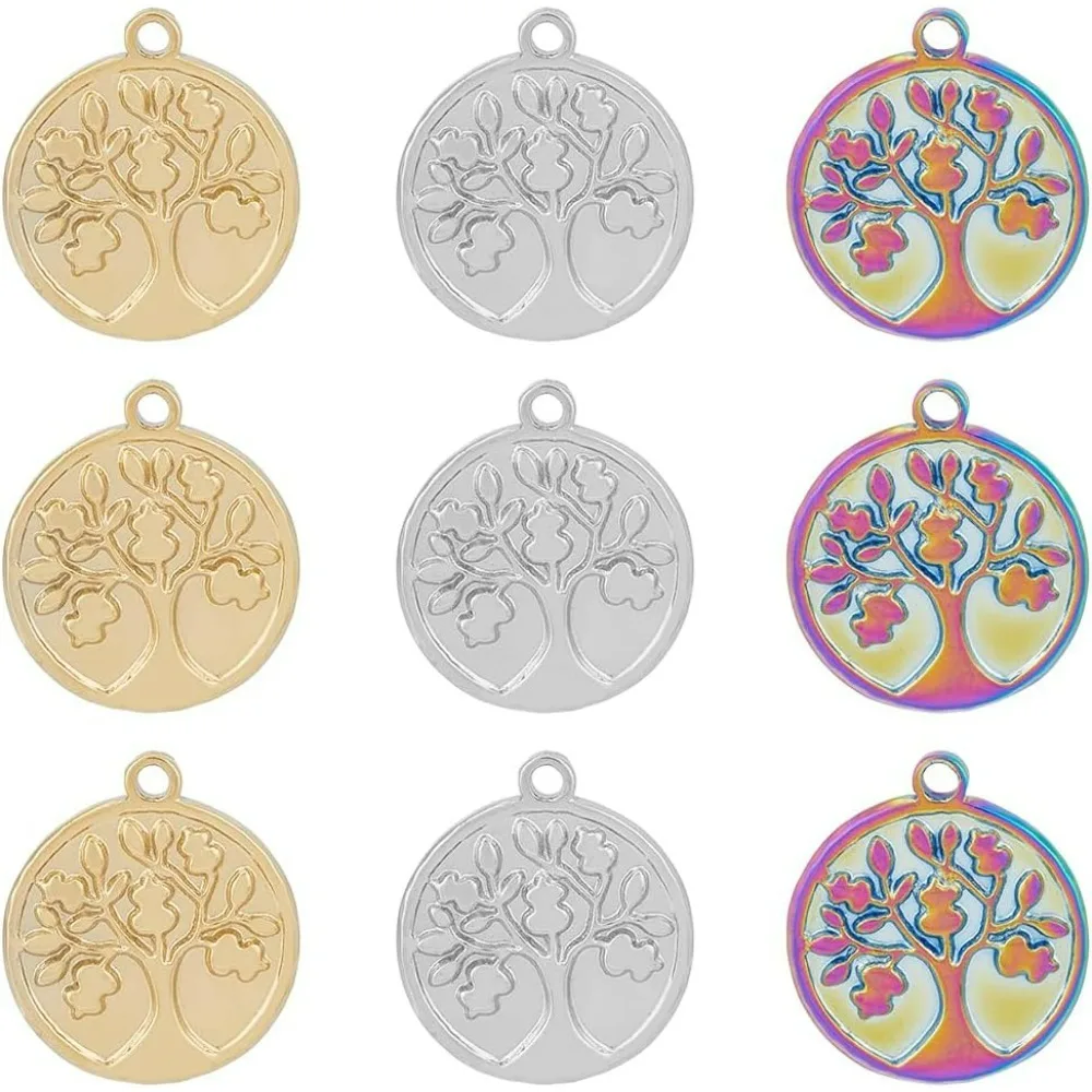 

18Pcs 3 Colors Tree of Life Pendants Charms Flat Round Iridescent Sephirothic Tree Pendants Small 304 Stainless Steel Coin
