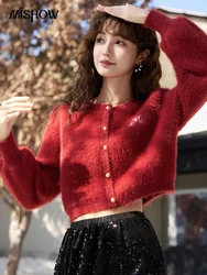 MISHOW Red Sweater Cardigan Women Winter Loose Knitted Jacket Jumpers Office Lady Crop Lazy Style Imitation Mink Top MXC58Z0294