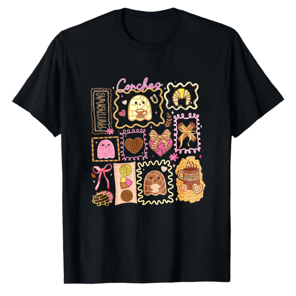 Conchas Mexican Sweet Bread Ghost Collage T‑Shirt Cute Pan Dulce Bow Stamp Patchwork Print Funny Hispanic Cotton Tee Casual Tops