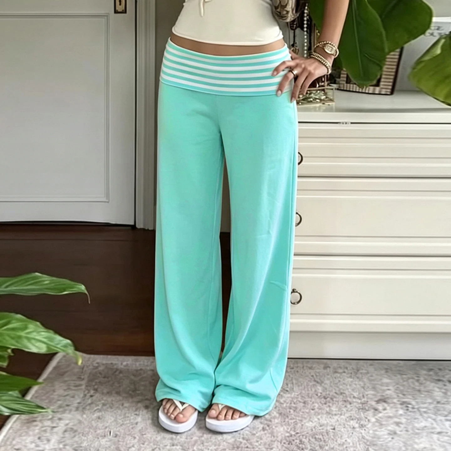 SUCHCUTE Women's Striped Fold-Over Waist Wide-Leg Pants Y2K Low-Rise Casual Loose Straight Long Trousers Vintage 2000s Pants New