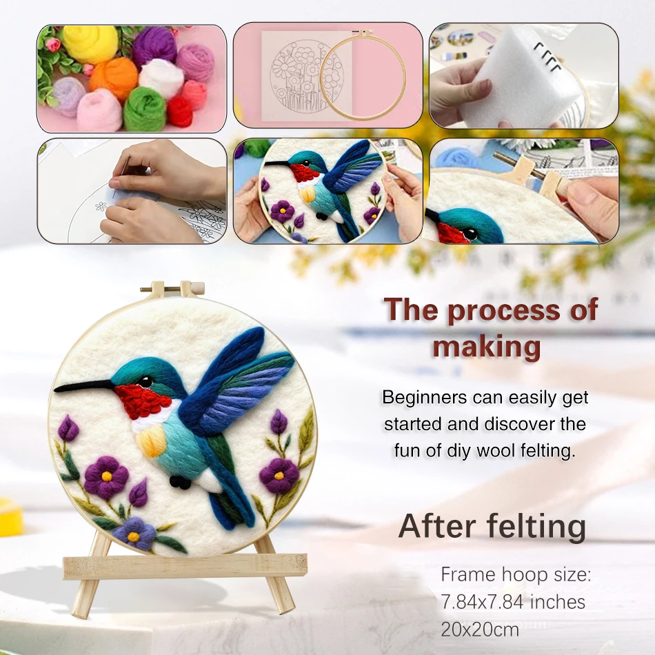 Needle Felting Kit Birds And Cow Wool Felting Painting Kit For Beginners 20x20cm Frame Needle Felting