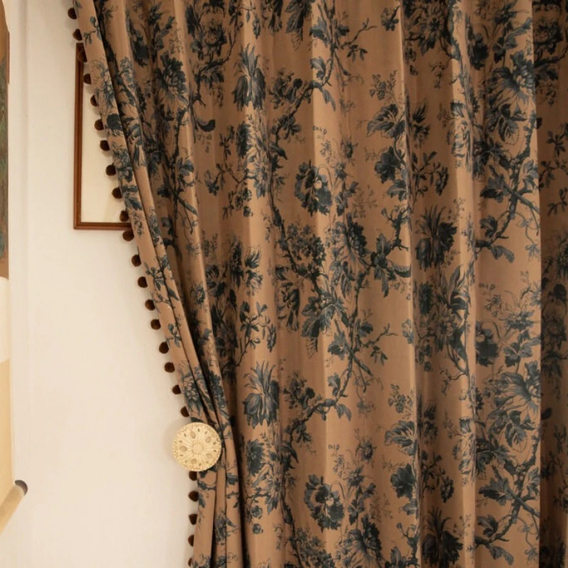 Brown Leaf Printing Chenille Thickened Blackout Curtains for Living Room Bedroom French Window Partition Curtain Customized