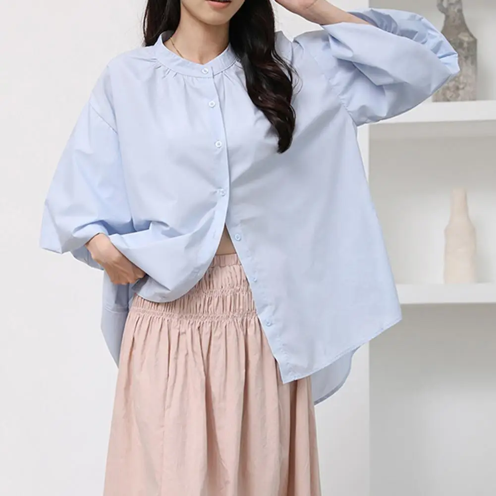 Solid Color Loose Blouse Round Neck Solid Color Shirt Stylish Women's Round Neck Puff Sleeve Blouse for Work Leisure Casual