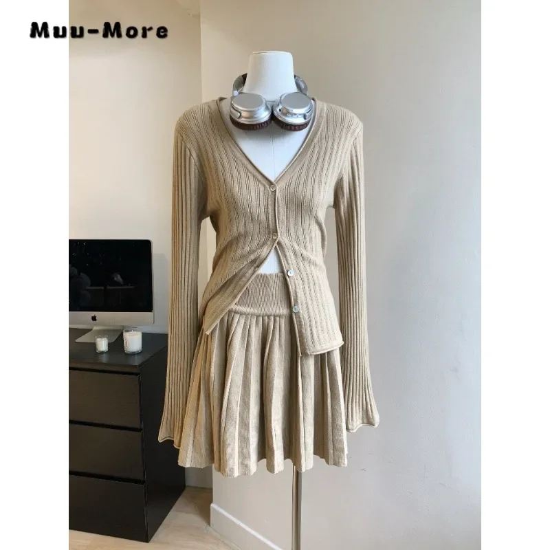 

2023 Winter Elegant Sexy Y2K Solid 2 Piece Set Women Single Breasted V-neck Cardigans+ A-line Skirt Vintage Two Piece Skirt Set