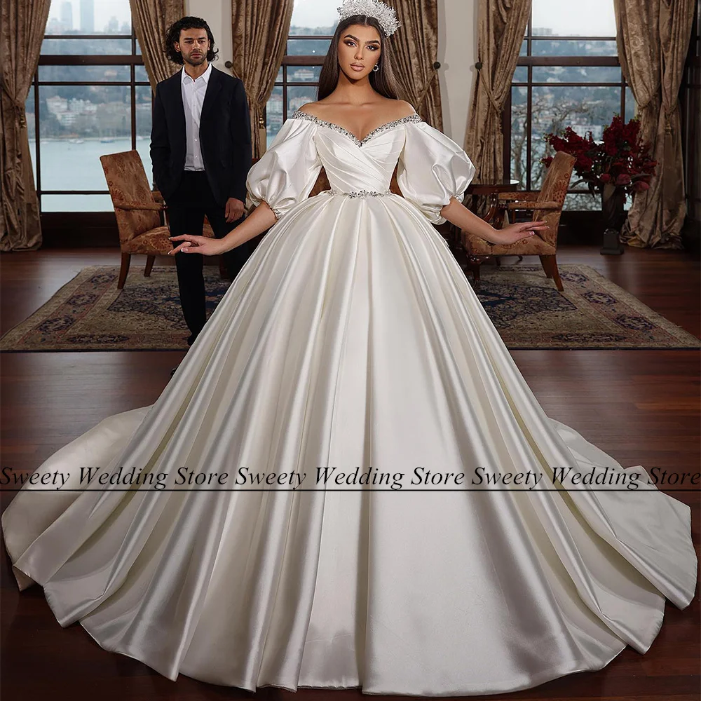 New Arrival Wedding Dress Satin Bridal Gown Puff Sleeves V Neck Pearls Rhinestones Beading Vestido De Noiva Bride Dresses