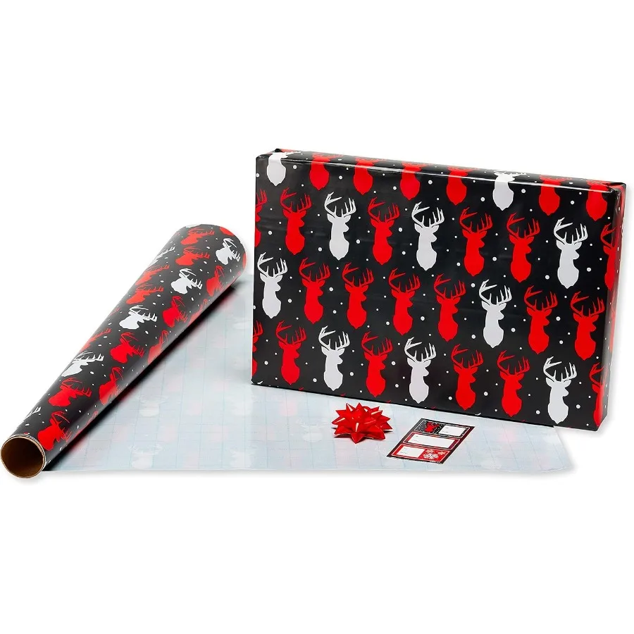 مجموعة ورق تغليف عيد الميلاد الريفي منقوش باللونين الأحمر والأسود مع رقاقات الثلج وتصميم الرنة لتغليف هدايا العطلات