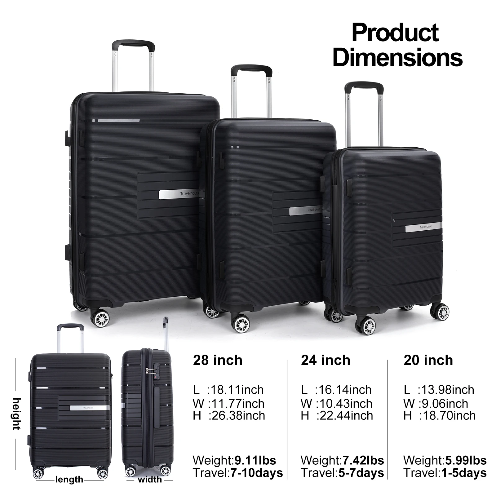 Travelhouse Hardshell Koffer Pp Bagage Sets Lichtgewicht Duurzame Koffer Met Tsa Slot, 3-delige Set (20/24/28)