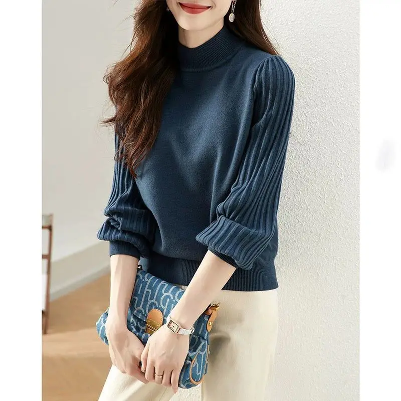 Korean Fashion Trend Autumn Winner Sweaters Women\'s Mock Neck Solid Simplicity Office Lady Puff Sleeve Pullovers Knitted Tops