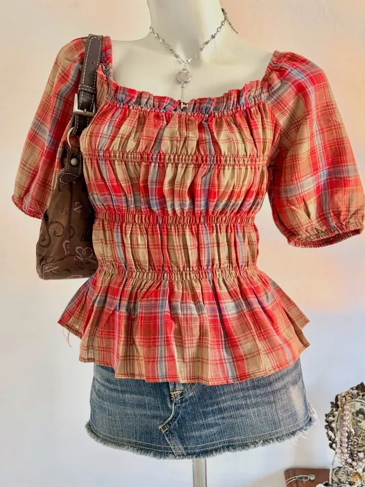 Vintage Y2K Women Plaid Crop Top Square Neck Puff Sleeve Smocked Ruffle Hem Blouse Coquette Style Shirts For Wholesale
