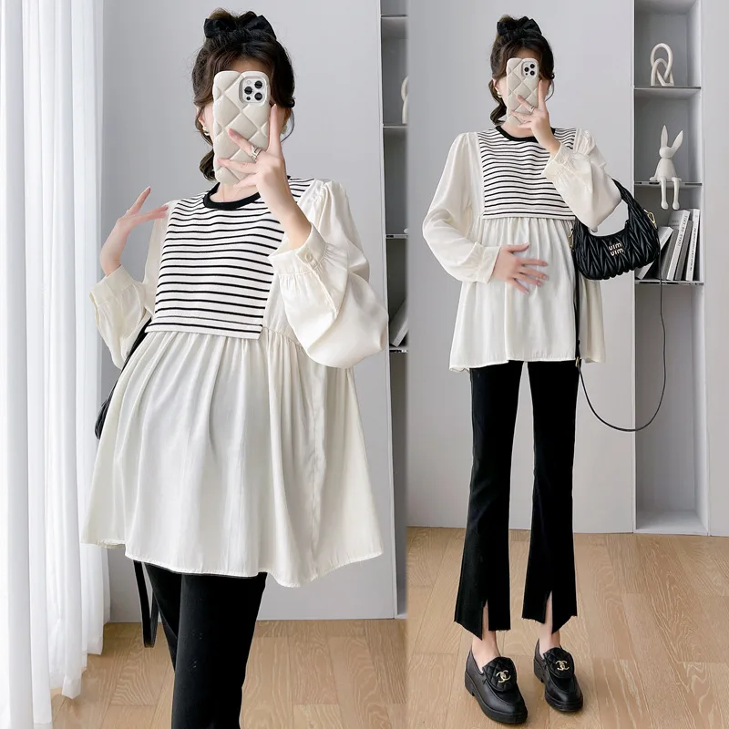 7137# Autumn Korean Fashion Patchwork Maternity Blouses Sweet Lovely Loose Shirt Clothes for Pregnant Women Pregnancy Tops
