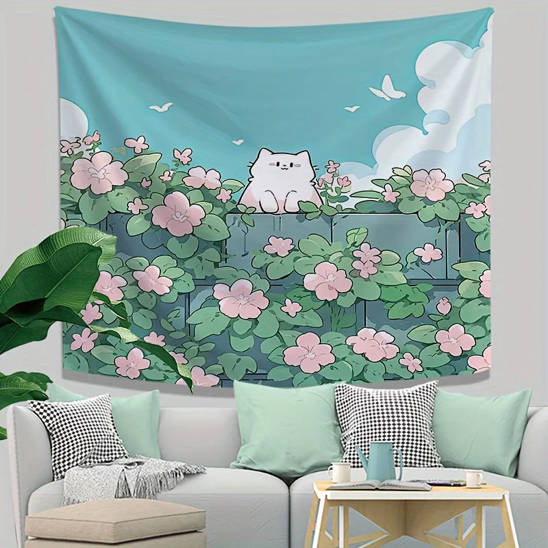 Cute Cat and Flower Garden Tapestry, Perfect for Adding a Touch of Whimsy and Nature-Inspired Charm to Any Room or Dorm