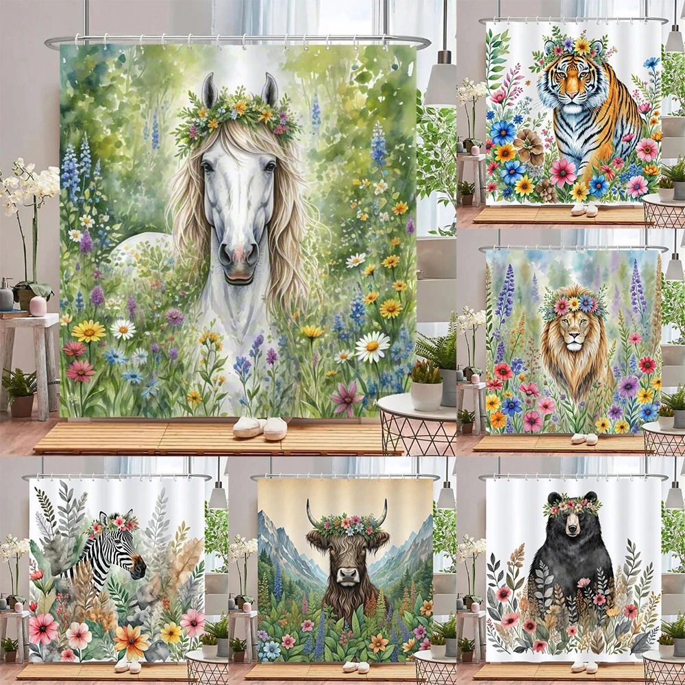 

Watercolor Flowers and Plants Shower Curtain with Hook - Design Chic Animal, Horse, lion, Tiger Bathroom Curtain Home Decoration