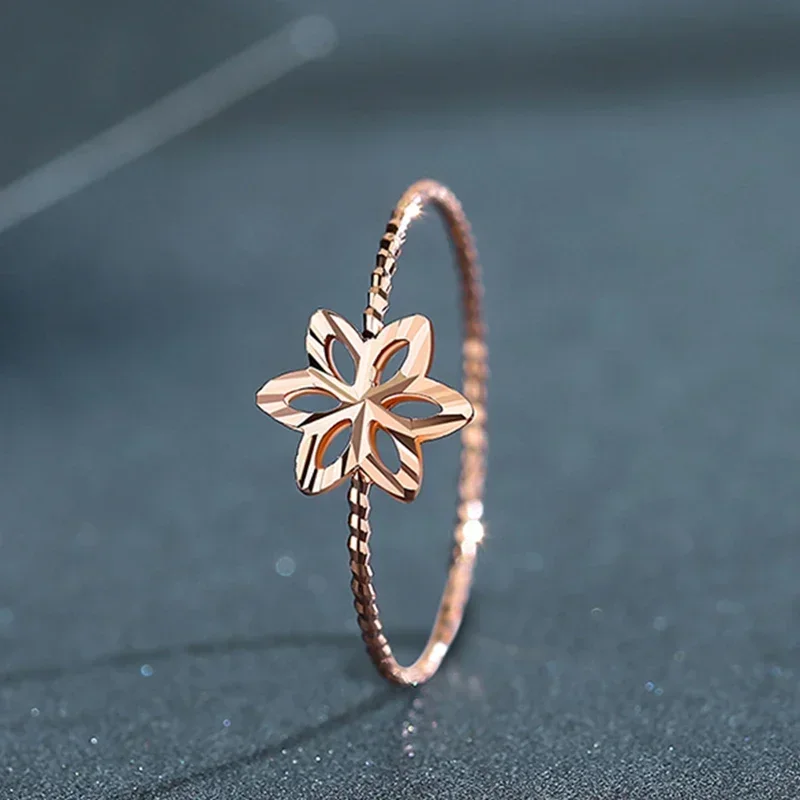 585 Purple Gold 14K Rose Gold Hollow Six-petal Flower Rings for Women Open Temperament Sweet and Charming Engagement Jewelry