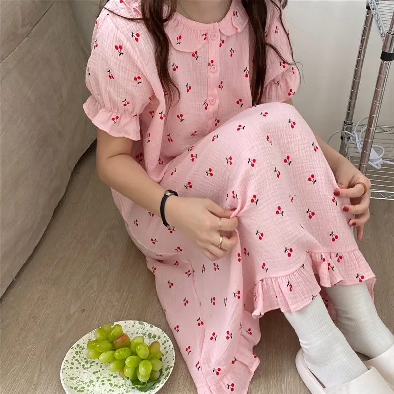 Chemise de nuit à volants en coton pour femmes, vêtements de nuit décontractés à manches courtes, vêtements d\'intérieur à col rond, vêtements d\'été