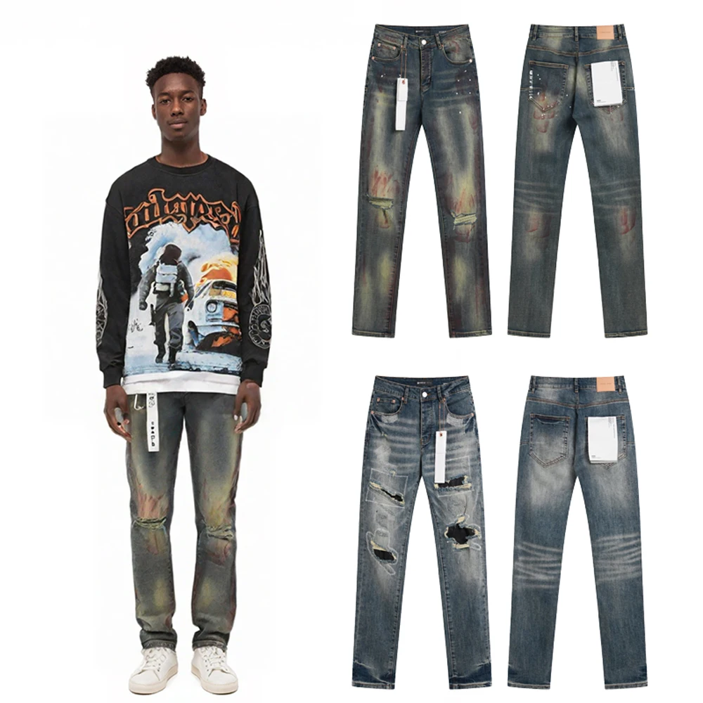 

Y2k Men's Clothing Retro Distressed Printed Classic StreetWear Ripped Jeans Hip-Pop Slim Fit Denim Jeans Straight Trousers Jeans