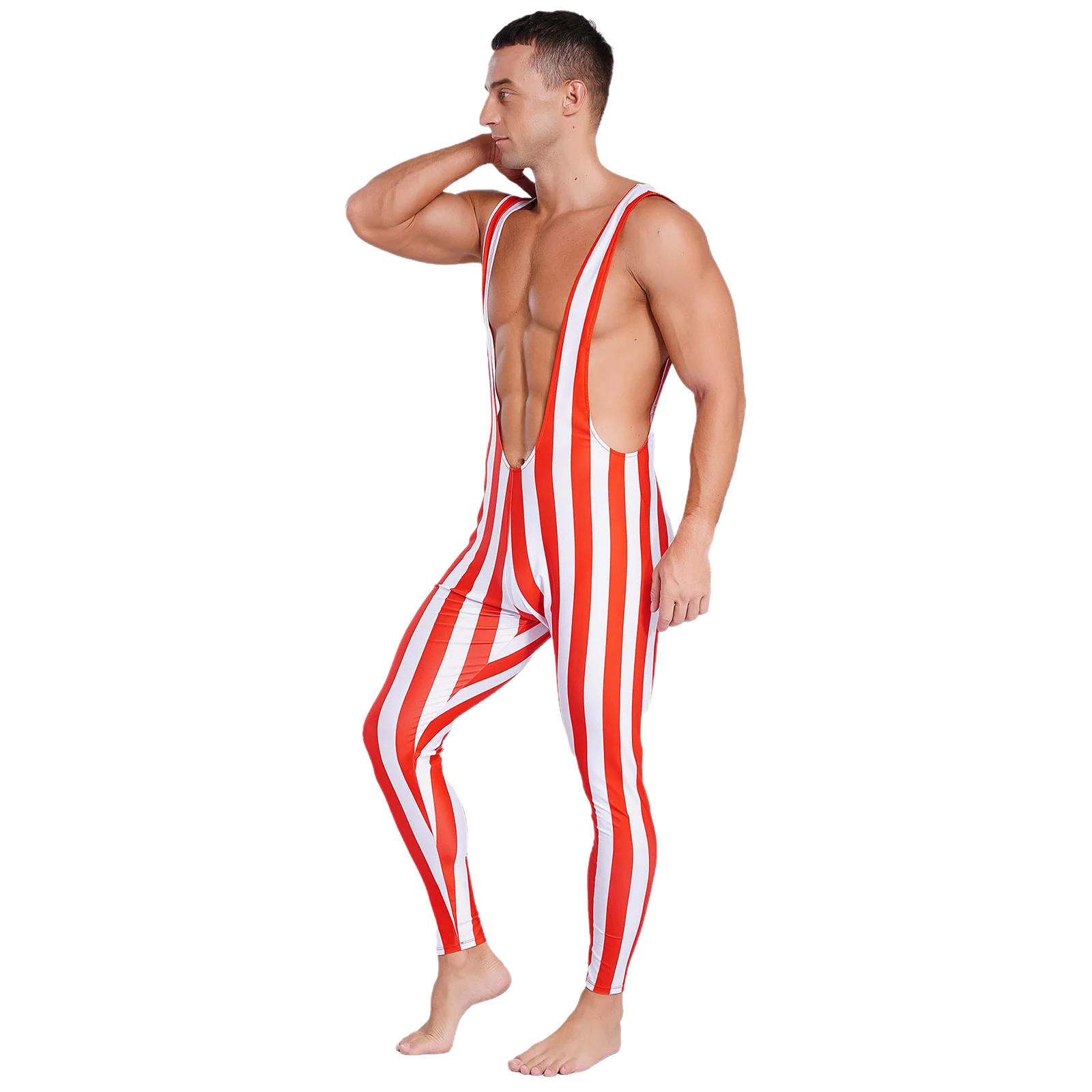 Mens Christmas Striped Jumpsuit Santa Clause Deep U Neck Sleeveless Showing Muscle Rompers Wresting Singlets Xmas Party Leotard