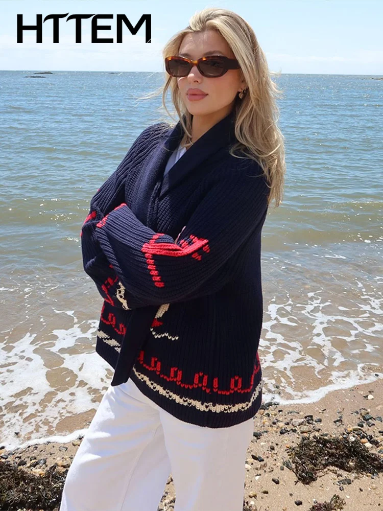 Sailboat Knit Cardigan For Women Autumn Lapel Open Front Long Sleeve Sweater Female 2026 Winter Lady All -matching Knitwear