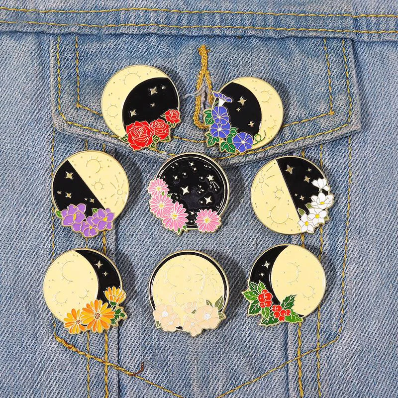 Broche de esmalte de fase lunar Floral personalizado, insignias de solapa de media luna, cuarto de luna llena, Pines, regalo de joyería para niños, amigos, astrología