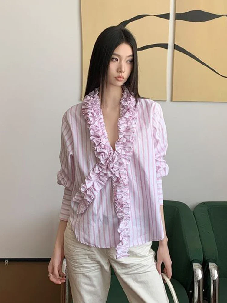 الوردي مخطط الخامس الرقبة بلوزة المرأة فضفاضة خمر الحلو الكشكشة طويلة الأكمام قميص الفرنسية أنيقة طويلة الأكمام الخريف الإناث الرجعية القمم #6