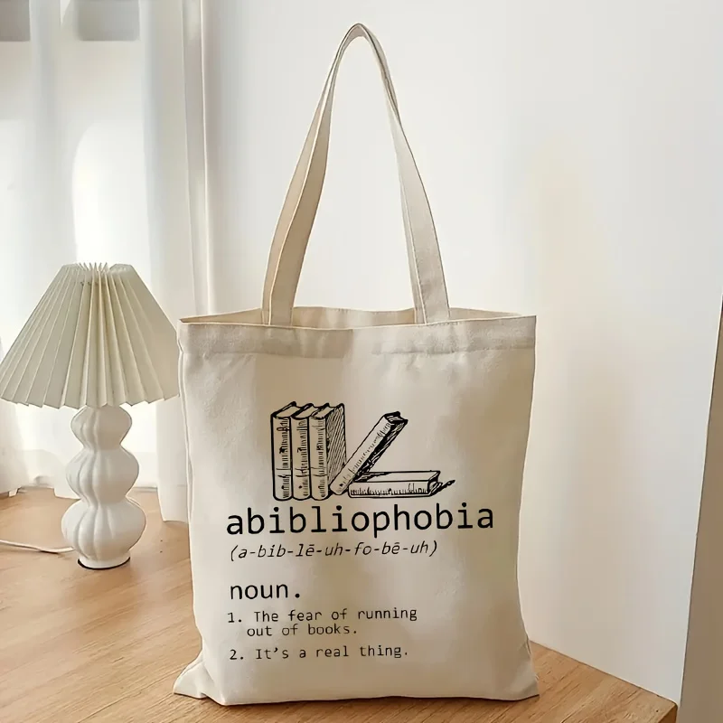 1 Printed Canvas Tote Bag with Book and Paper Waste Motifs, Reusable Shopping Bag, Multifunctional Double-Sided Printed Handbag