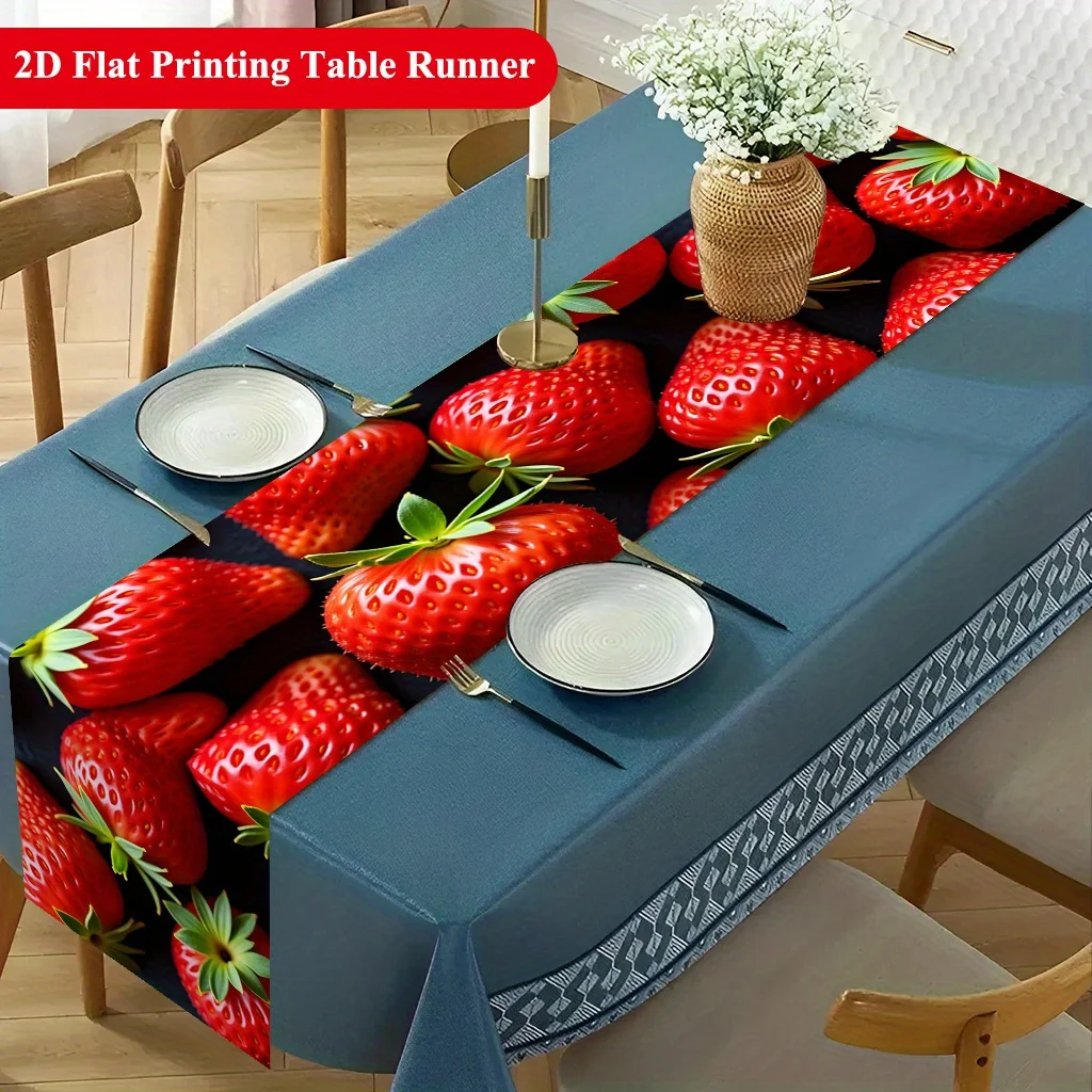 2D‑Printed Fresh Red Strawberry Table Runner, Decor for Dining Table, Coffee‑Table, Gatherings, Indoor‑Outdoor Parties