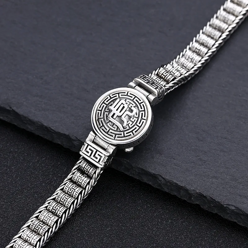 BOCAI S925 Sterling Silver Bracelets for Men Eternal Rattan Pattern Cuban Link Chain Rotatable Emboss Tiger Head Free Shipping