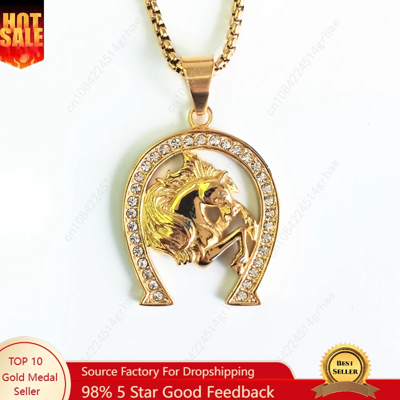 

Hip hop Jockey Club Horse Head Pendants Necklaces For Women/Men Gold Color Stainless Steel Horseshoe Iced Out Bling Jewelry