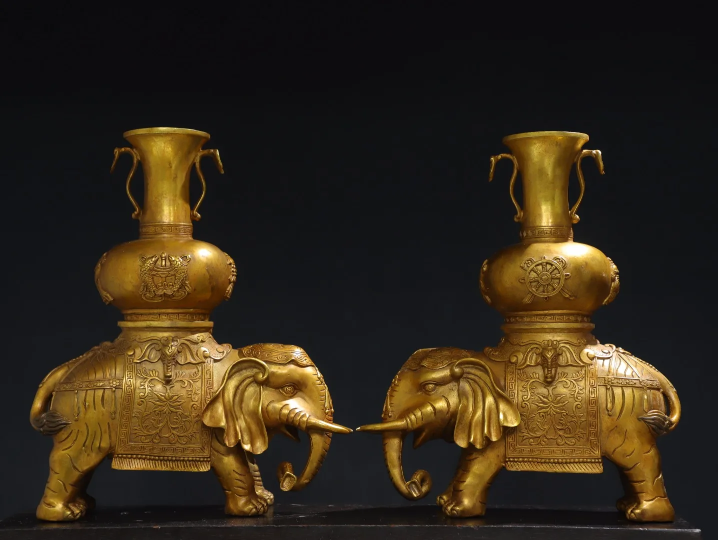 

14"Tibetan Temple Collection Old Bronze Gilded Cinnabar Auspicious Elephant Statue Vase A pair Worship Hall Town house Exorcism