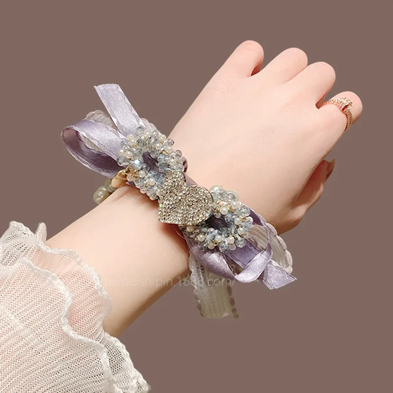 

Premium Pearl Bow Hair Elastics Korean Style Heavy Craft Light Luxury Ponytail Holders for Daily Styling