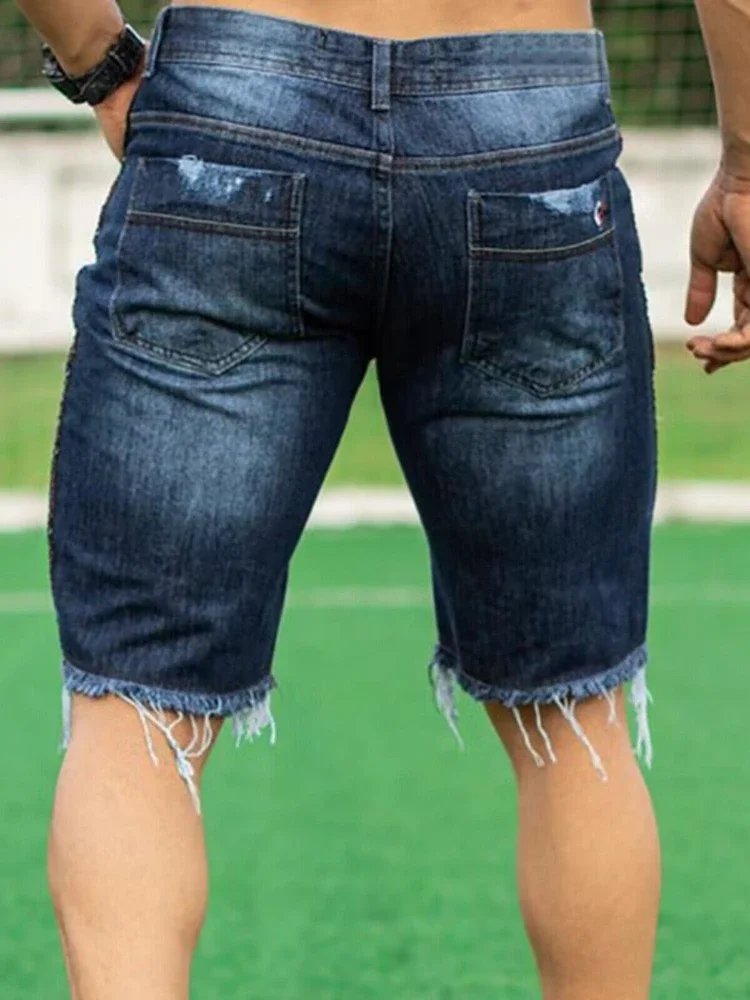 Herren-Jeans, Denim-Hosen, Löcher, Waschen, knielang, mittlere Taille, Taschen, Reißverschluss, einfarbig, 2025, leicht dehnbar, lässig, schlank