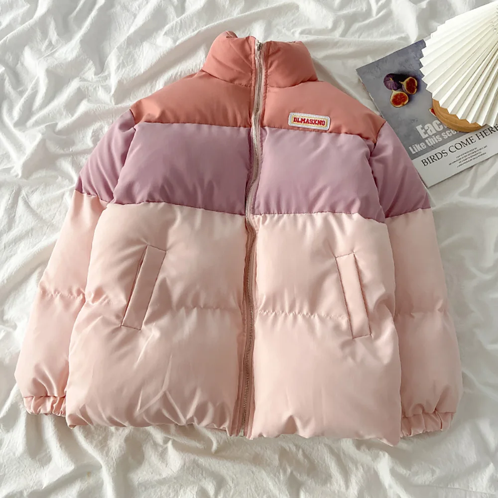 

Korean Style Women Winter Coats 2022 Oversized Casual Loose Thick Warm Cotton Padded Jackets Female Pink Striped Overcoat S-3XL