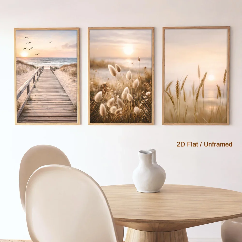 Impressions murales 2D plates, 3 pièces, style moderne minimaliste, motif herbe sauvage verticale et chemin de plage au coucher de soleil doré - Idéal pour le salon, la salle à manger