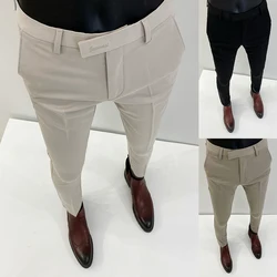 Pantalones de traje para hombre, pantalón Formal ajustado de Color sólido, ropa informal de negocios, longitud completa, Primavera, 2024