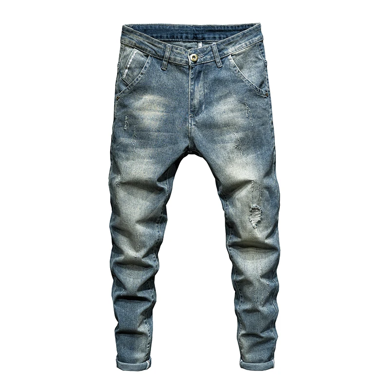 

Hip Hop Jeans Men Slim Fit Ripped Men's Pants Mens Clothing Distressed Retro Blue Stretch Denim Pants Casaul Jeans Tapered
