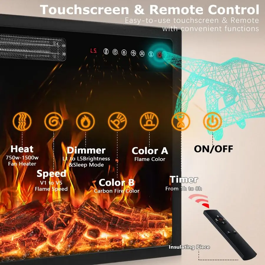 مدفأة كهربائية مع رف، حامل تلفزيون سخان حجر قائم بذاته مع جهاز تحكم عن بعد، تأثير لهب واقعي وثلاثي الأبعاد